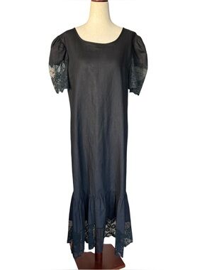 Vintage 80s Axiom Classic Black Linen Midi Dress with Lace Trim Large